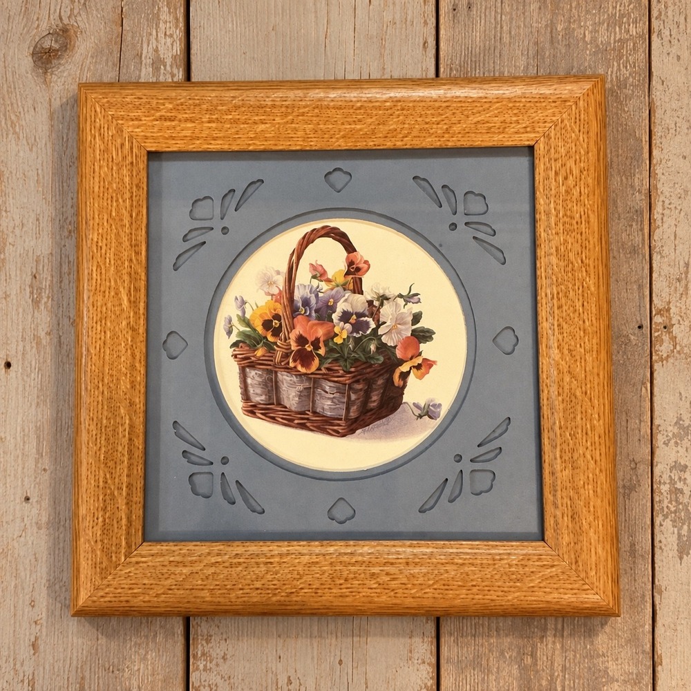 Vintage Oak Framed Floral Basket Art Print Blue Heart Cutout Mat 10.25in Square